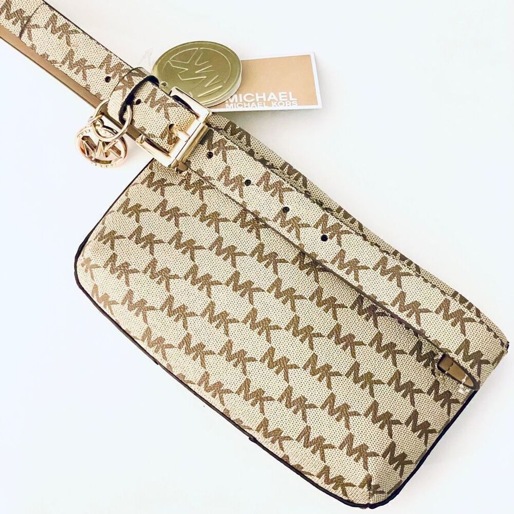 NWT Gorgeous Michael Kors L/XL Waist Fanny Pack Tan Brown Gold Monogram Belt Bag - Picture 4 of 12
